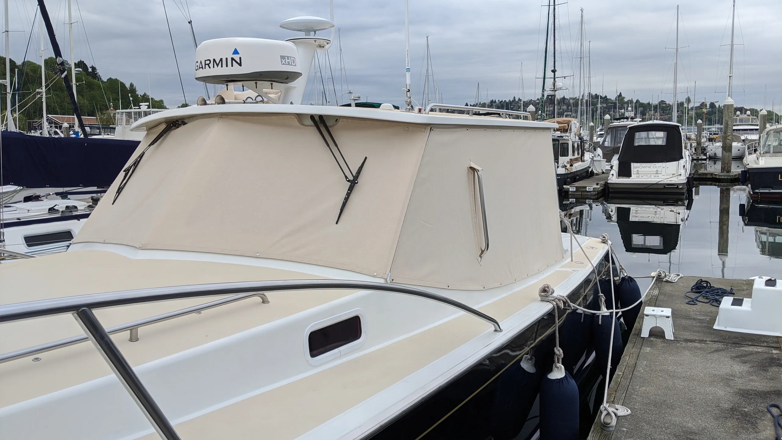 Kiki Riki boat top at sunrise, Seattle marina